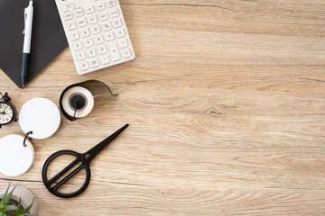 Poster - top view office stationery on wooden table with copy space.student stuff on desk.education concept