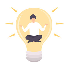 Poster - Businessman Meditating Inside Glowing Bright Bulb, Man Having Good Idea, Brainstorming, Innovation, Creativity Concept Vector Illustration