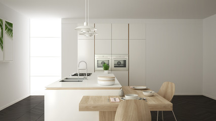 Modern clean contemporary white kitchen, island and wooden dining table with chairs, bamboo and potted plants, big window and herringbone parquet floor, minimalist interior design