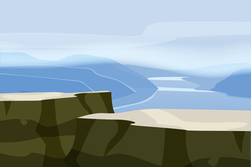 Wall Mural - Mountain landscape plateau rock. Rocks hills river fjord sea horizon space parallax panorama