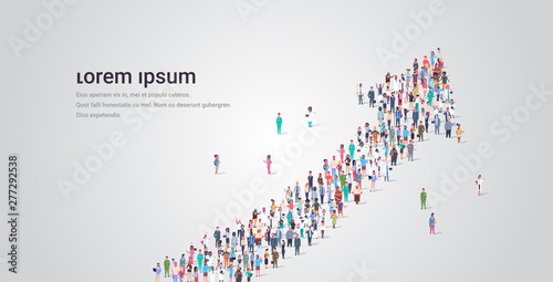 Fotomural people crowd gathering in shape of financial arrow up symbol social media commun