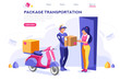 © Aurielaki - Mail Office Page Concept, Postage Package Website. Courier Transportation of Cartoon Package on Web. Bringing Character. Web Banner, Hero Images, Flat Illustration Isolated on White Background.