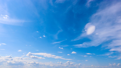 Cumulus and cirrus clouds in the blue sky. Copy space