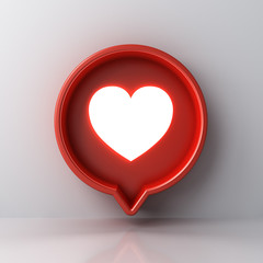 Fototapete - 3d social media notification light like heart icon in red round speech bubble box pin isolated on white wall background with shadow and reflection 3D rendering