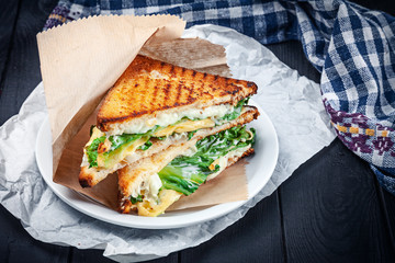 Close up on grilled sandwich with different types of melted cheese and lettuce. Snack. Fast food for lunch. Sandwich served on white plate on dark wooden background