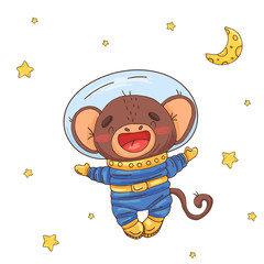 Illustration with cute monkey cartoon astronaut in space