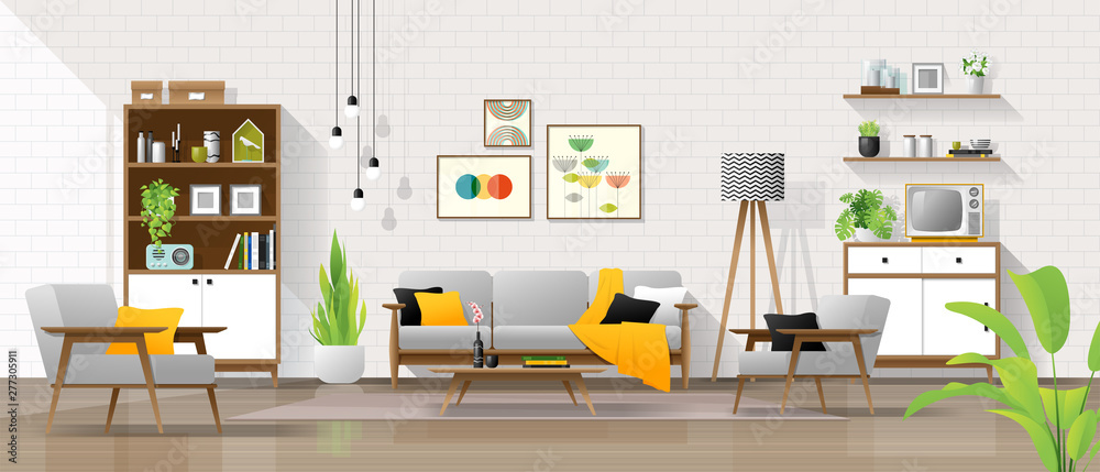 Interior background with living room in mid century modern style ...