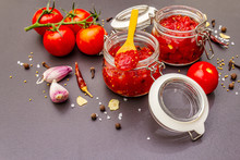Tomato Confiture, Jam, Chutney, Sauce. Homemade Preservation Concept