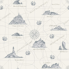 Vector Abstract Seamless Background On The Theme Of Travel, Adventure And Discovery. Old Hand Drawn Map With Islands, Lighthouses, Sailboats And Inscriptions In Retro Style