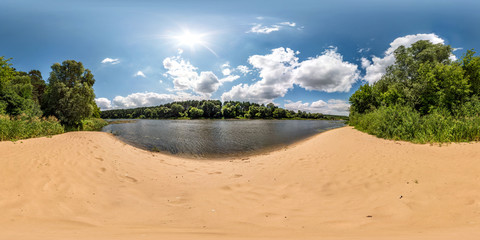 Wall Mural - full spherical seamless hdri panorama 360 degrees angle view on sand beach near forest of huge river in sunny day and windy weather with beautiful clouds in equirectangular projection, VR content