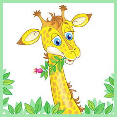 Poster - Portrait of a young cute giraffe with a flower in his mouth among green leaves. In cartoon style. Isolated on white background