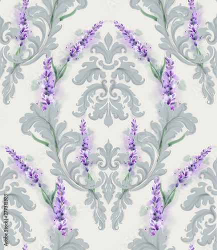 Damask ornament and lavender Vector pattern. Delicate floral decor watercolor...