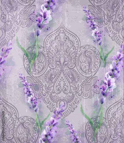 Damask ornament and lavender Vector pattern. Delicate floral decor watercolor...