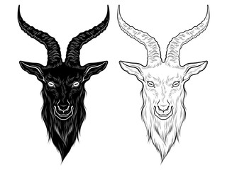 Baphomet demon goat head hand drawn print or blackwork flash tattoo art design vector illustration.