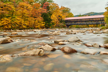 Swift River And Old Covered Albany Bridge At Autumn In White Mountain National Forest, New Hampshire, USA. Fall In New England.