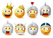 Smiley Face Vector Character Set. Smileys And Emoticons Characters Of King, Queen, Knights, Warriors Wearing Crown And Armor With Brave And Strong Facial Expressions Isolated In White Background. 