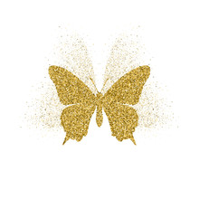 Butterfly Golden Glitter Icon With Glitter Glow. Beautiful Summer Golden Silhouette On White. For Wedding, Fashion, Ornaments, Tattoo, Luxury Decorative Design Elements Vector Illustration