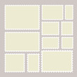 Postage stamps frames set on background. Toothed border mailing postal stickers in different size.