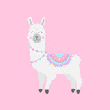 Fototapeta Pokój dzieciecy - Cute hand drawn white, grey llama with patterned fringed blanket. Cute furry llama or alpaca animal vector illustration. Isolated on pink background.