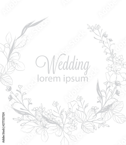 Vintage boho flowers wreath decor Vector line art. Golden glossy structure. H...