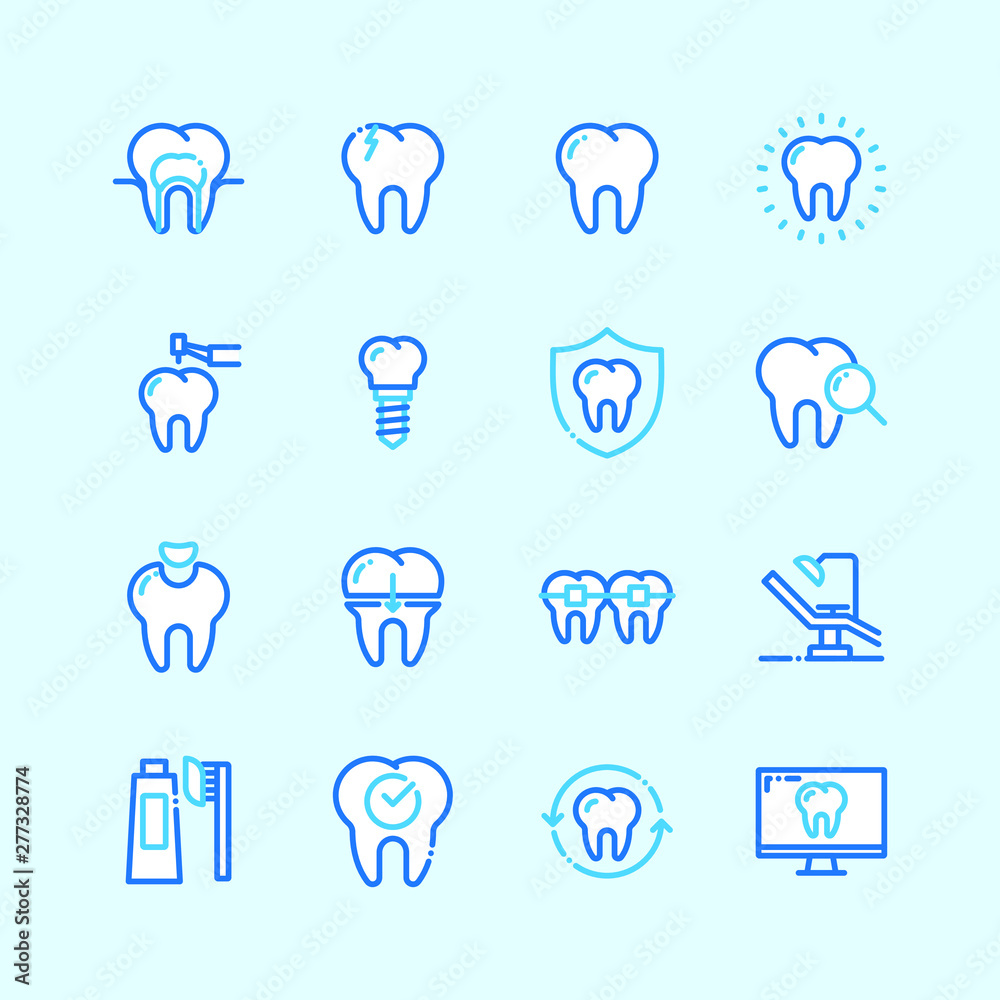 Dental line blue color icons flat line style