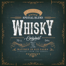 Vintage Whisky Label For Bottle/ Illustration Of A Vintage Design Elegant Whisky Label, With Crafted Letterring, Specific Product Mentions, Textures And Celtic Patterns, On Blue And Gold Background