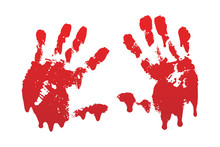 Bloody Hand Print Set Isolated White Background. Horror Scary Blood Handprint, Fingerprint. Red Palm, Fingers, Stain, Splatter, Streams. Symbol Horror Zombie, Murder, Violence. Vector Illustration