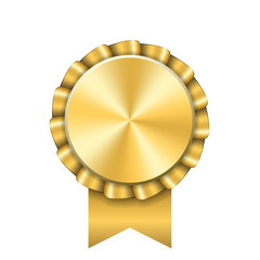 Wall Mural - Award ribbon gold icon. Golden medal design isolated on white background. Symbol of winner celebration, best champion achievement, success trophy seal. Blank rosette element. Vector illustration