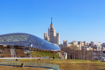 View of the amphitheater and skyscraper from Zaryadye Park