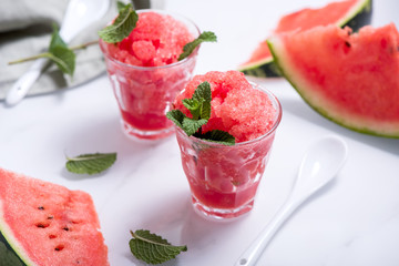 Watermelon sorbet or granita, refreshing summer dessert