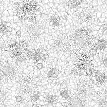 Dahlia Pattern, Floral Ornament. Seamless Background. Hand Drawn Illustration In Vintage Style
