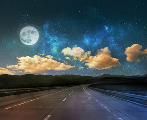 Wall Mural - night road background with moon and stars