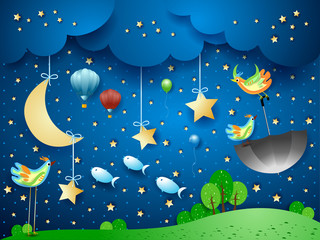 Canvas Print - Surreal landscape by night with moon, flying umbrella and fishes