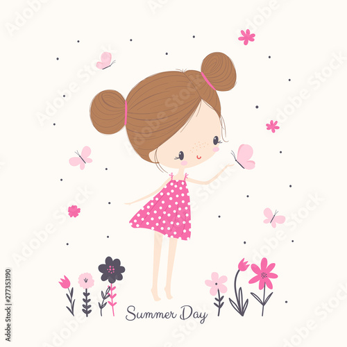 Little girl with butterflies and flowers. Cartoon vector illustration