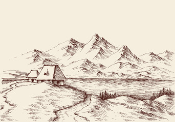 Wall Mural - Lake in the mountains landscape sketch, small house in the background