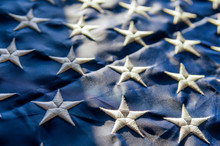 American Flag Background, Focus On Stars Of A Flag Reminds Of Night Sky. Minimal Style
