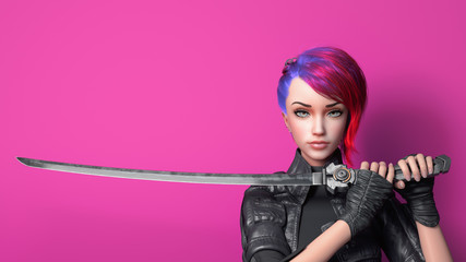 Wall Mural - Portrait of a young beautiful cyberpunk girl looking at the camera and holding a futuristic katana sword with two hands. Urban woman with short red hair and blue eyes. 3d render on a pink background.