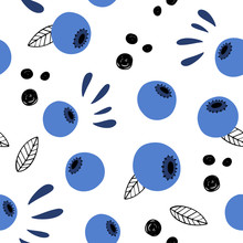 Berry Abstract Vector Seamless Pattern. Doodle, Hand-drawn Blueberries...