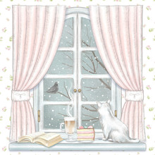 Composition With Cat, Coffee, Cake And Book On The Sill Of The Window With Pink Curtains And Winter Landscape On Floral Wallpaper Background. Watercolor And Lead Pencil Graphic Hand Drawn Illustration