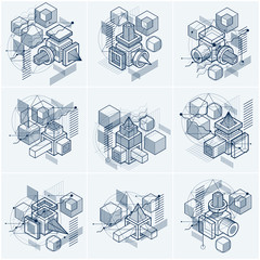 Poster - Abstract 3d shapes compositions, vector isometric backgrounds. Compositions of cubes, hexagons, squares, rectangles and different abstract elements. Vector collection.