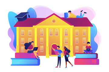 Wall Mural - Students interacting with each other, making friends at university. College campus tours, university campus events, on-campus learning concept. Bright vibrant violet vector isolated illustration