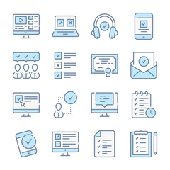 Poster - online education, e-learning and web academy related blue line colored icons.