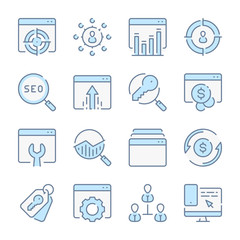 Poster - Search Engine Optimization, Marketing and Targeting related blue line colored icons.