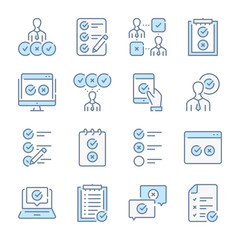 Poster - Survey, Quiz and Feedback report related blue line colored icons.