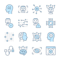  - Artificial Intelligence, Robot machines and Technology related blue line colored icons.