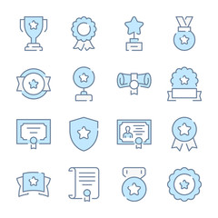 Poster - Award, Trophy and Certificate related blue line colored icons.