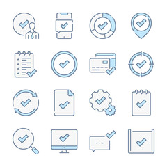 Poster - Approve, verification and quality related blue line colored icons.