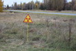 Radiation sign on a graveyard in abandoned Pripyat city in Chernobyl Exclusion Zone, Ukraine