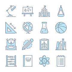 Poster - education, school and learning related blue line colored icons.