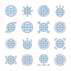 Poster - world map, globe and planet earth related blue line colored icons.